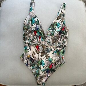 Tropical Calzedonia‎ Bird & Leaf Print One Piece Swimsuit Deep V Smocked Waist